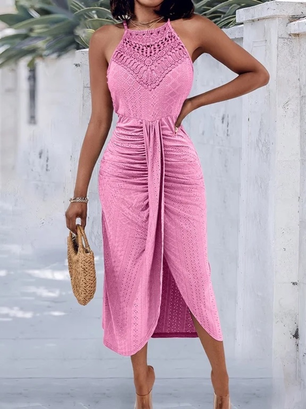 Sleeveless eyelet Halter Midi Dress in Pink